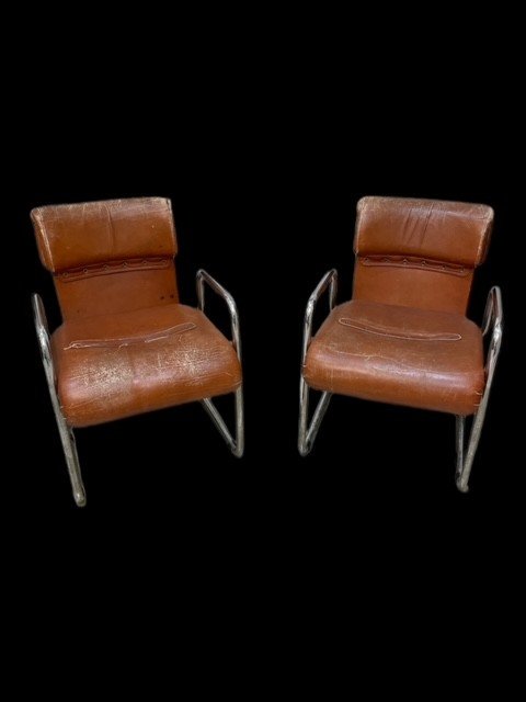 Paire De Fauteuils Vintage En Cuir Et Acier-photo-8