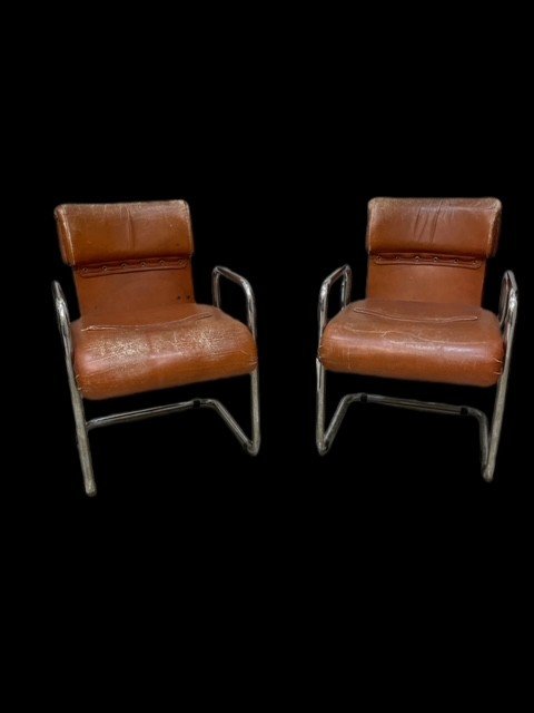 Pair Of Vintage Leather And Steel Armchairs