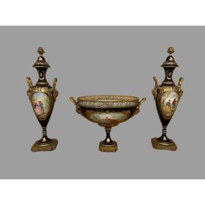 Pair Of Vases With Centerpiece In Sevres Porcelain