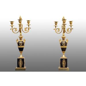 Pair Of Gilt And Patinated Bronze Candlesticks