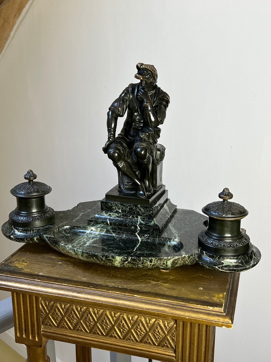 Encrier figurant Laurent de Médicis assis - Bronze et marbre-photo-2