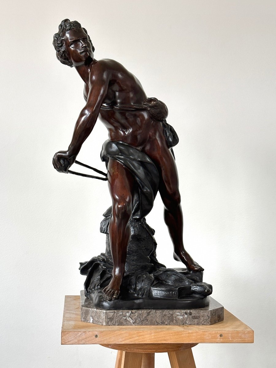David Arming His Sling - After Bernini - 19th Century Italian Bronze With Double Patina-photo-2