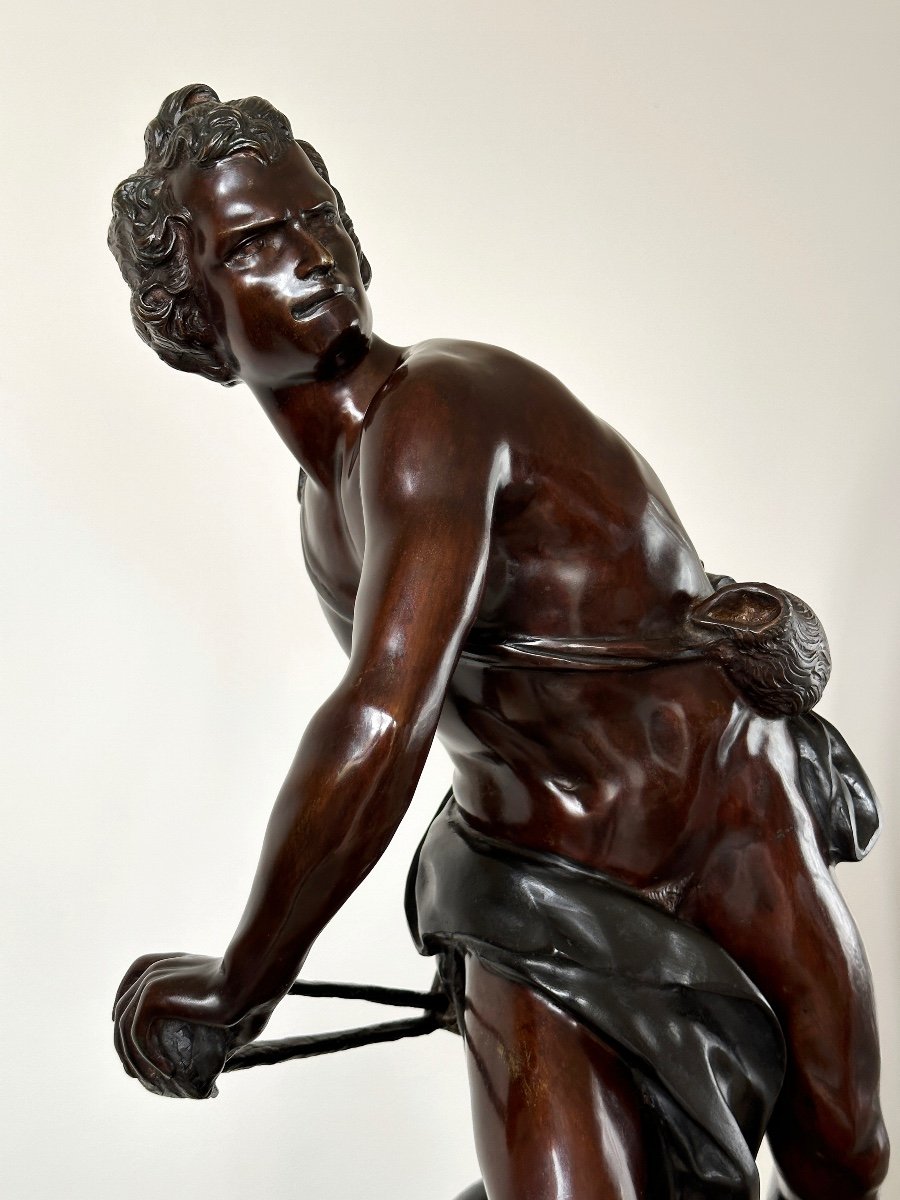David Arming His Sling - After Bernini - 19th Century Italian Bronze With Double Patina-photo-3