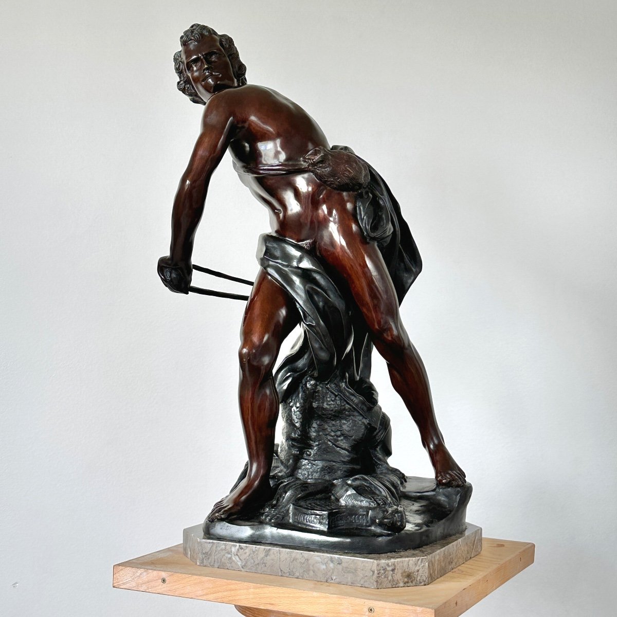 David Arming His Sling - After Bernini - 19th Century Italian Bronze With Double Patina
