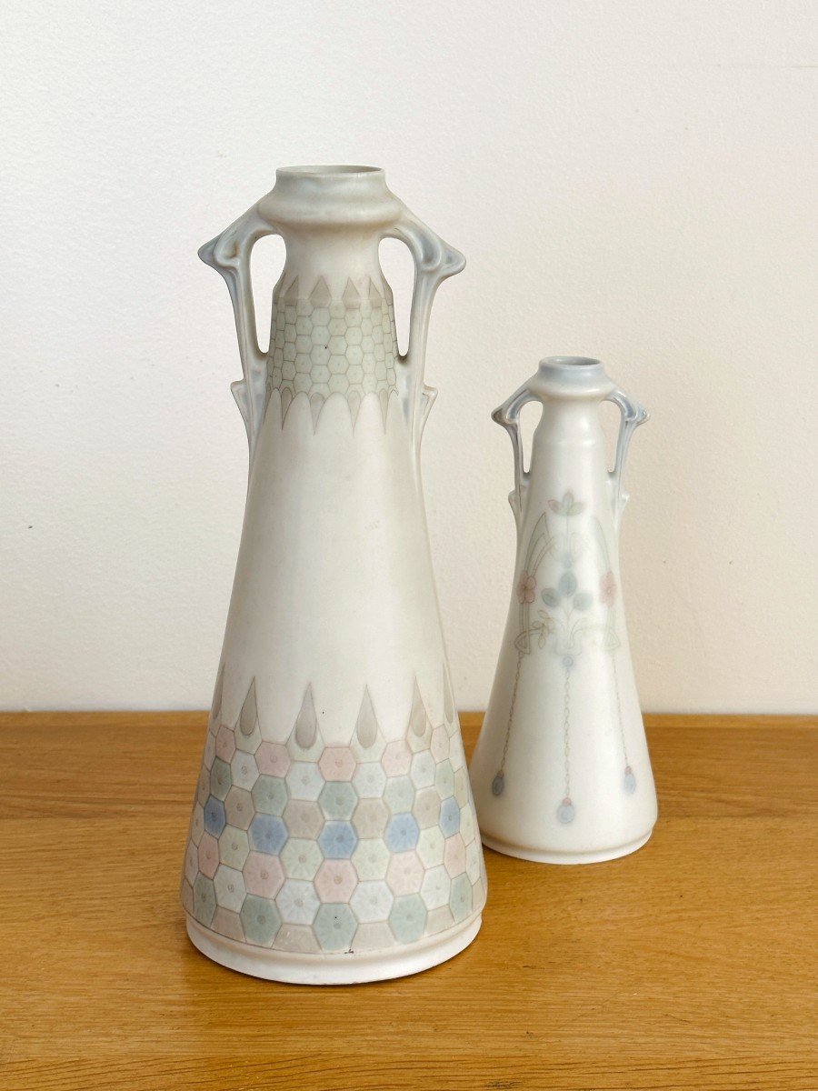 Pair Of Small Soliflore Vases - Art Nouveau - Marked Marmorzellan On The Reverse-photo-2