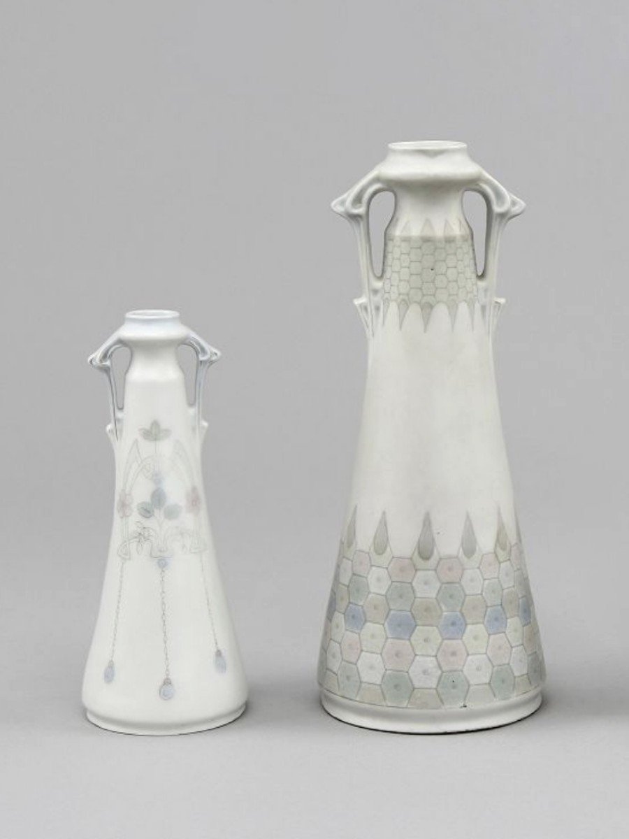 Pair Of Small Soliflore Vases - Art Nouveau - Marked Marmorzellan On The Reverse-photo-5