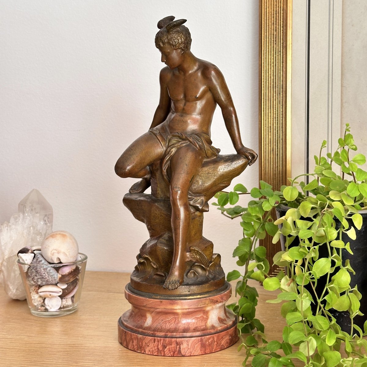 Mercury - Bronze On A Pink Marble Base - Bouret