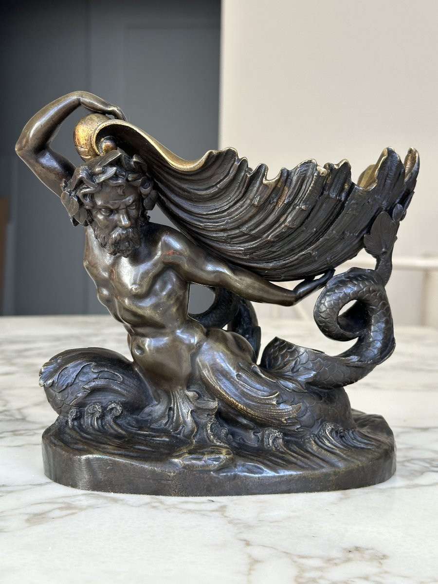 Forked-tailed Triton Wearing A Shell – Bronze With A Double Patina-photo-2