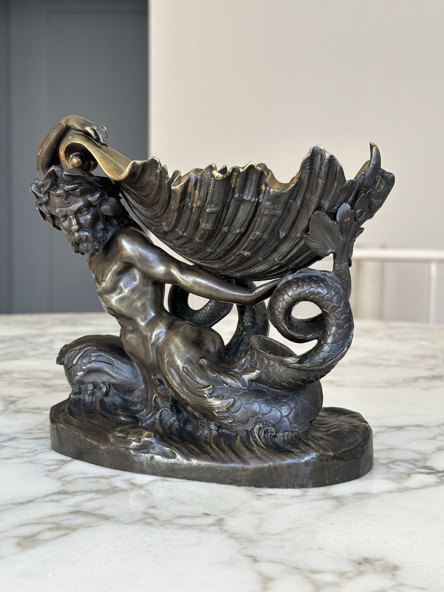 Forked-tailed Triton Wearing A Shell – Bronze With A Double Patina-photo-3