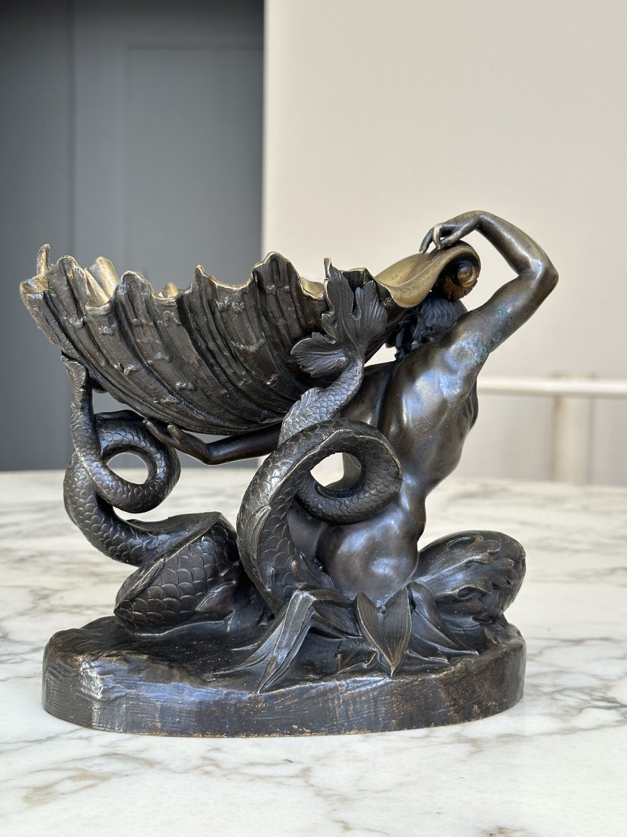 Forked-tailed Triton Wearing A Shell – Bronze With A Double Patina-photo-4