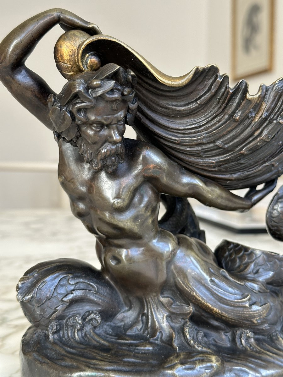 Forked-tailed Triton Wearing A Shell – Bronze With A Double Patina-photo-1