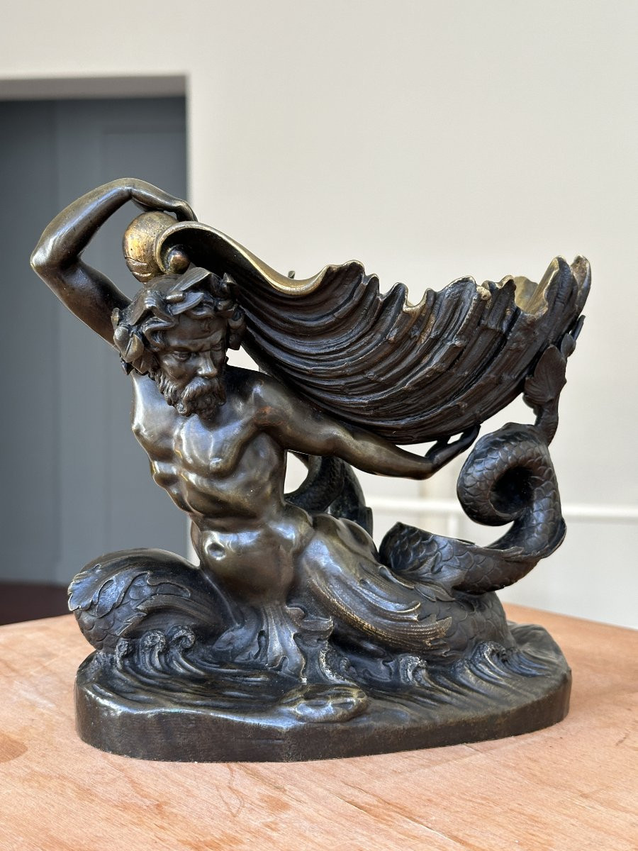Forked-tailed Triton Wearing A Shell – Bronze With A Double Patina-photo-6