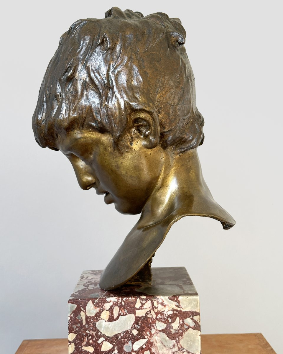Buste de petit pécheur - Vincenzo Gemito - Bronze sur socle en marbre-photo-3