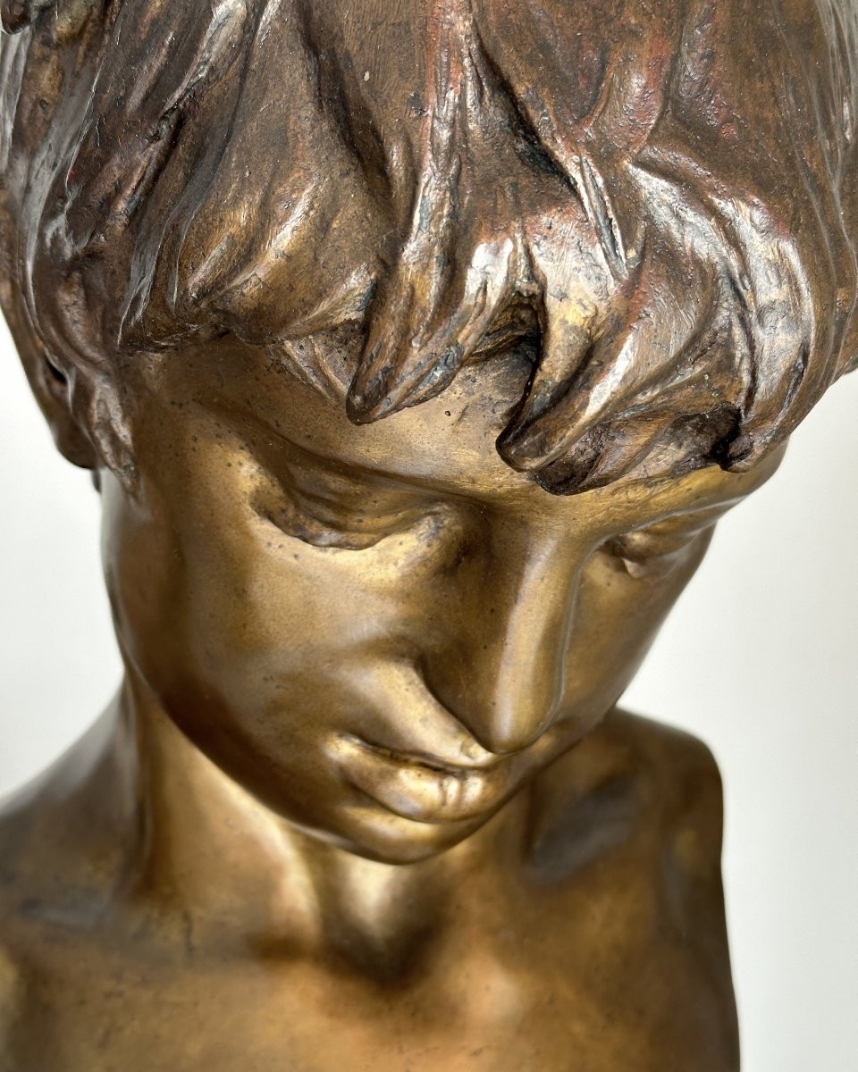 Buste de petit pécheur - Vincenzo Gemito - Bronze sur socle en marbre-photo-3