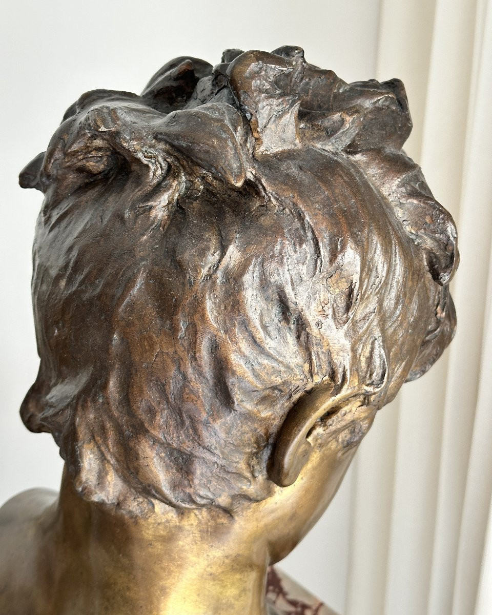 Buste de petit pécheur - Vincenzo Gemito - Bronze sur socle en marbre-photo-5