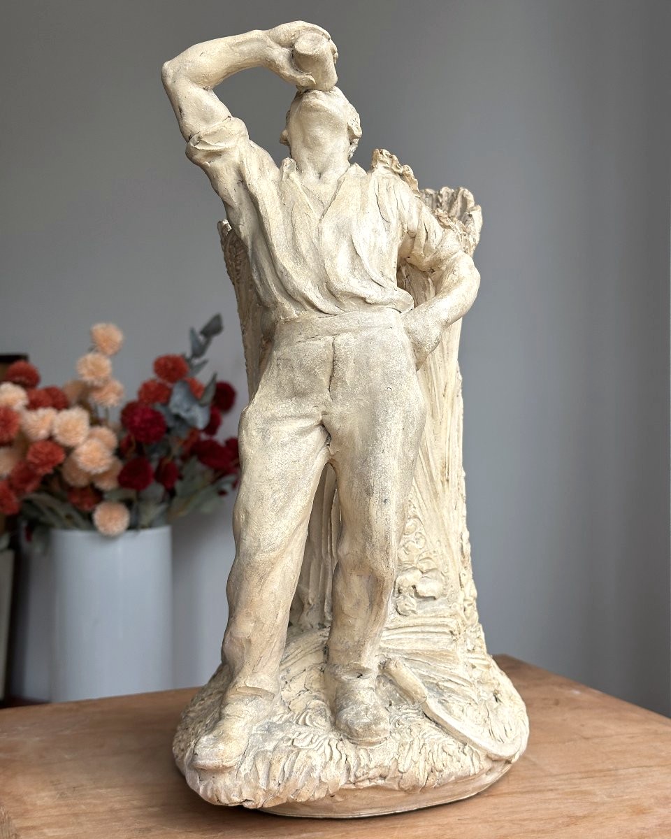 Paul Richer - Peasant Drinking, Leaning Against Sheaves Of Wheat - Original Terracotta-photo-3