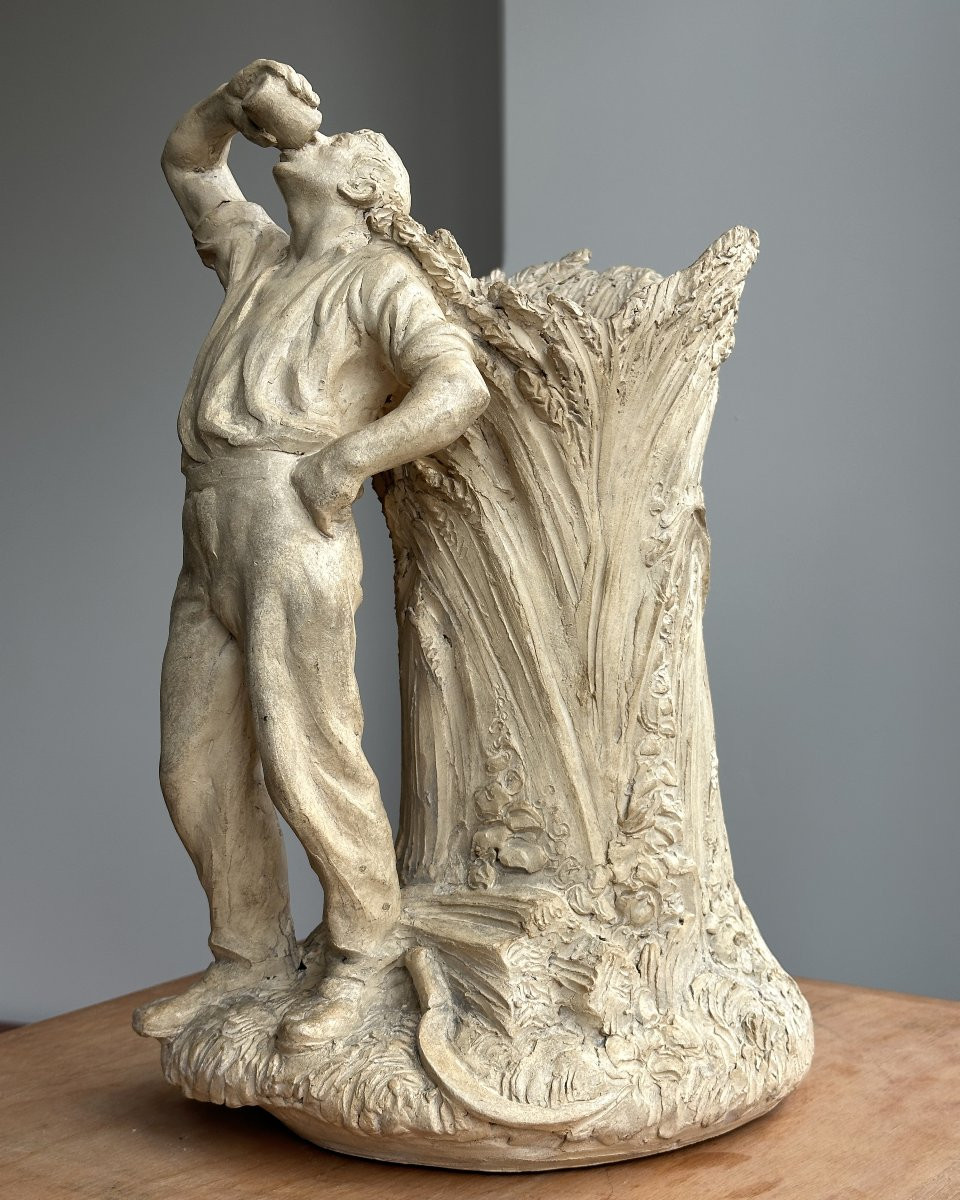 Paul Richer - Peasant Drinking, Leaning Against Sheaves Of Wheat - Original Terracotta-photo-6