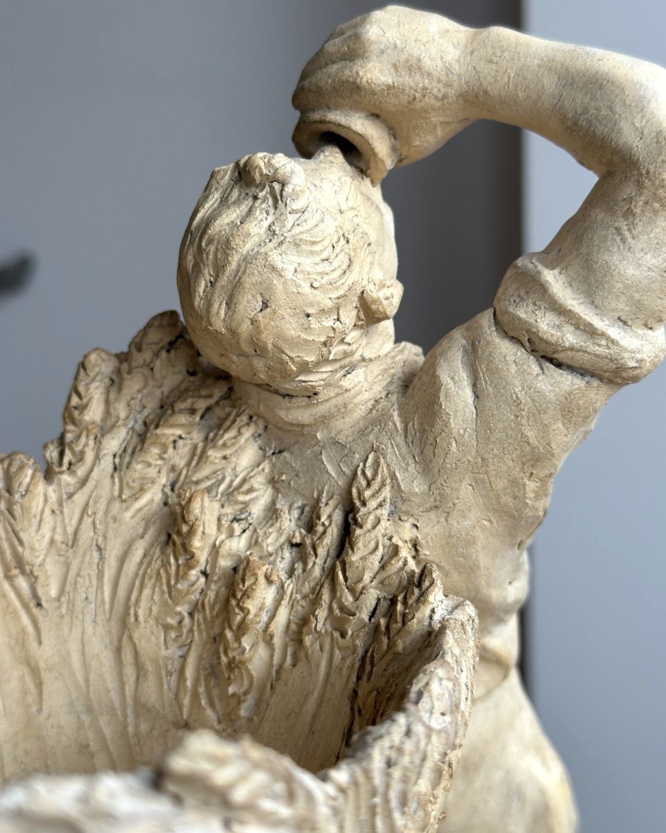 Paul Richer - Peasant Drinking, Leaning Against Sheaves Of Wheat - Original Terracotta-photo-5