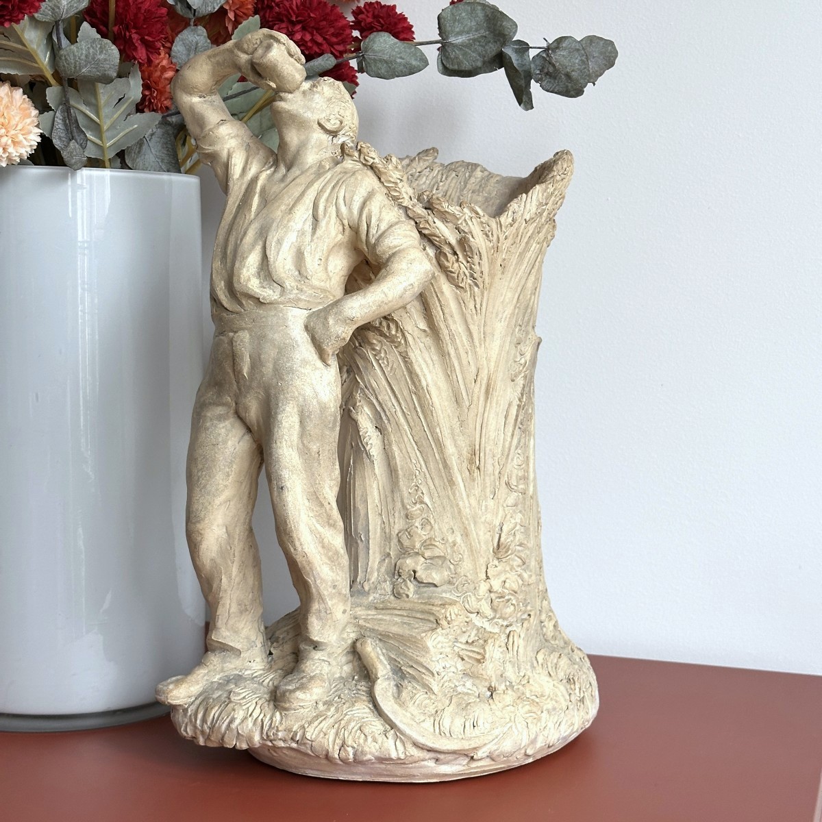 Paul Richer - Peasant Drinking, Leaning Against Sheaves Of Wheat - Original Terracotta