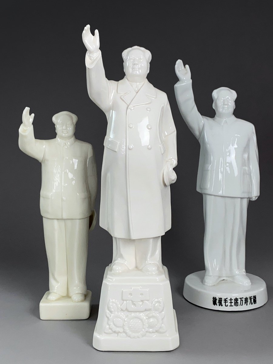 Mao Zedong - Set Of 3 White Porcelain Statuettes-photo-2