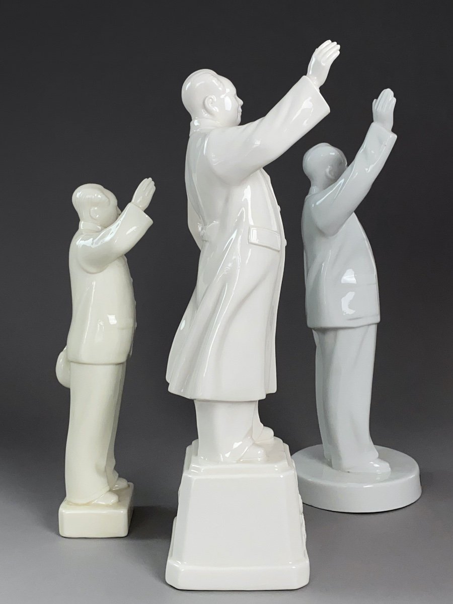 Mao Zedong - Set Of 3 White Porcelain Statuettes-photo-3