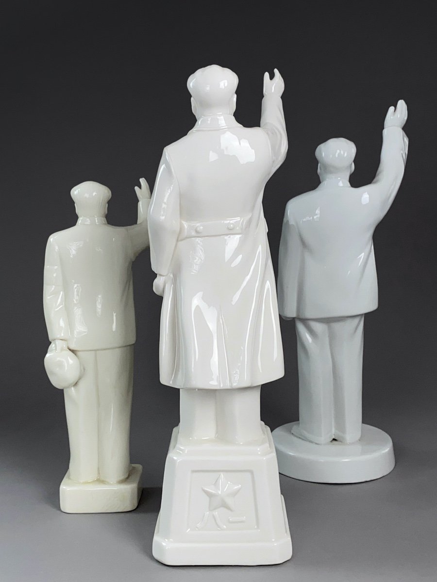 Mao Zedong - Set Of 3 White Porcelain Statuettes-photo-4