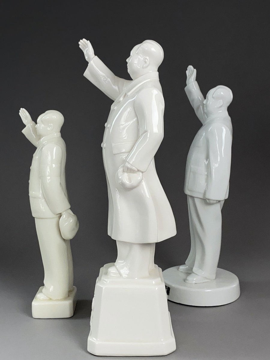 Mao Zedong - Set Of 3 White Porcelain Statuettes-photo-1