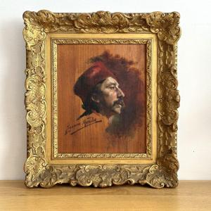 "turkish Head" - Portrait In Oil On Panel Signed Jeanne Moride