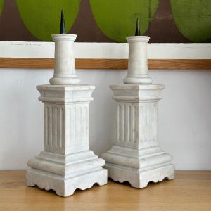 Pair Of Candlesticks On Fluted Base - White Marble