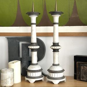 Pair Of Candle Holders - Alabaster And Gray Marble