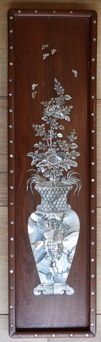 Exotic Wood Panel Inlaid With Mother Of Pearl
