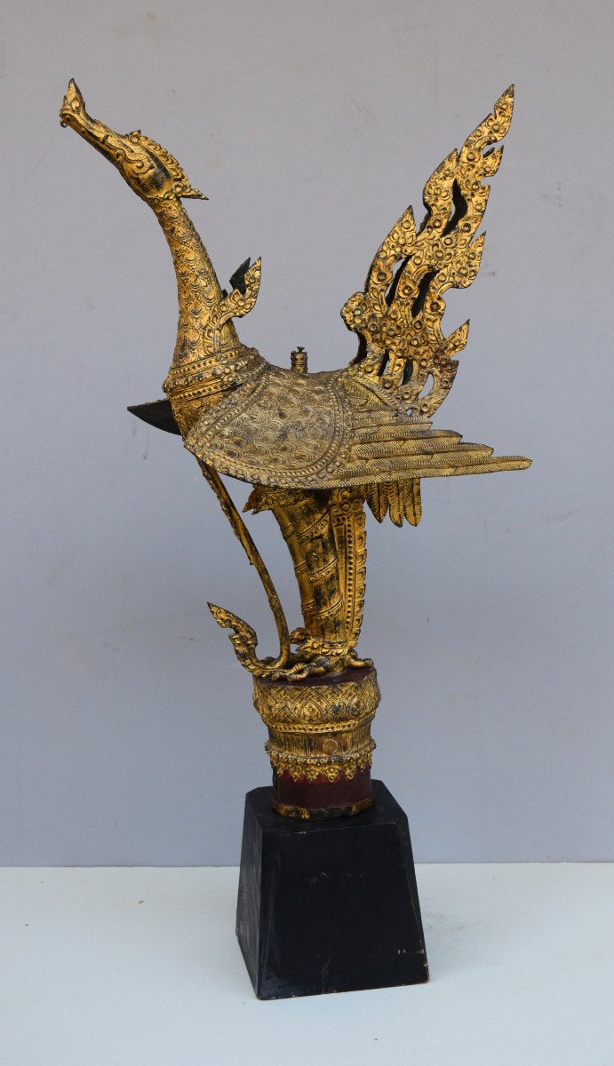 Thailande Important Oiseau Mythique En Bronze Doré-photo-4