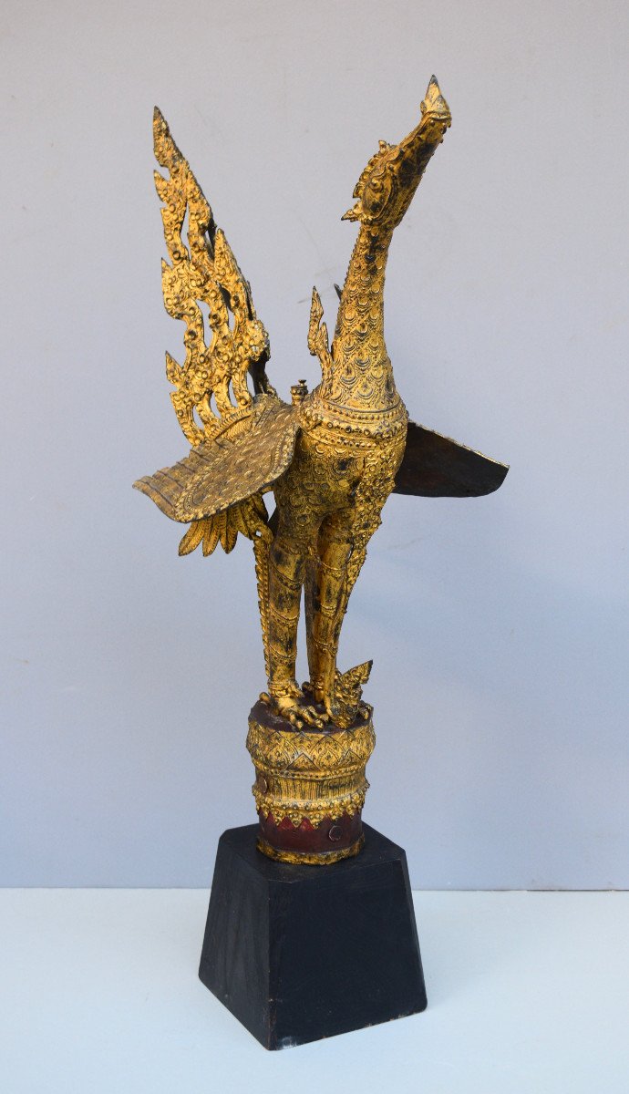 Thailande Important Oiseau Mythique En Bronze Doré-photo-2