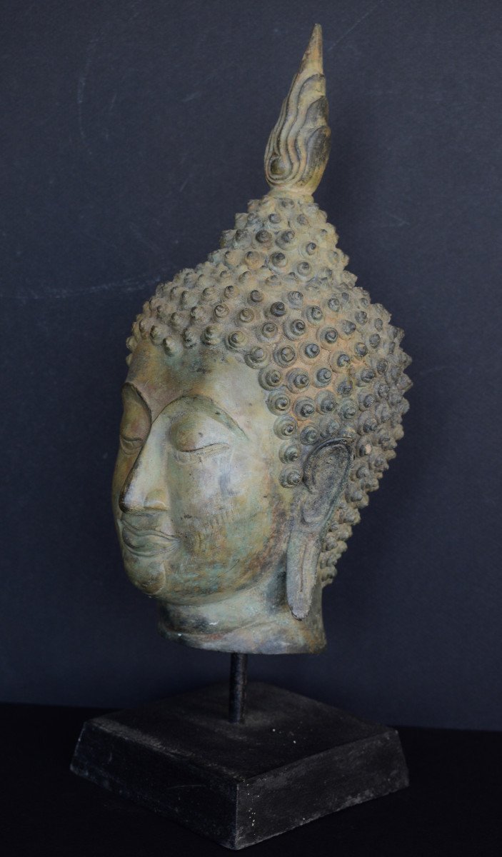 Tete De Bouddha En Bronze Thailande XIX Eme Siecle-photo-3