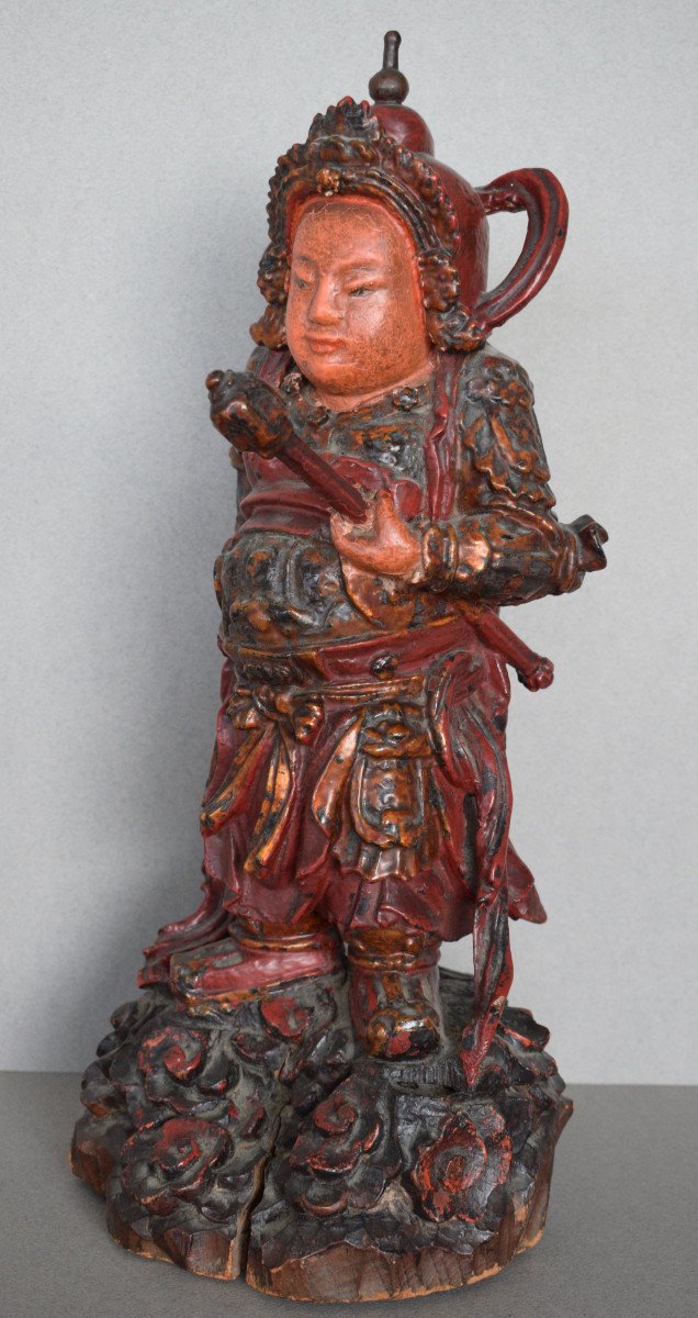 Sculpture En Bois Polychrome Representant En Gardien De Temple