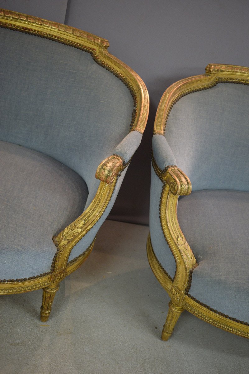 Pair Of Louis XVI Style Basket Sofas In Golden Wood-photo-1