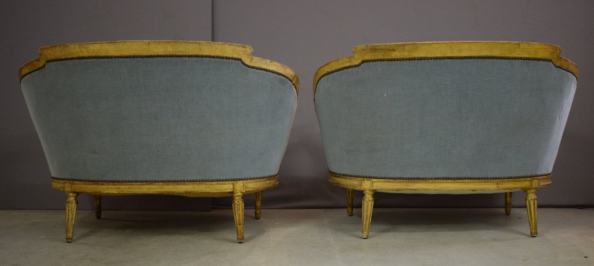 Pair Of Louis XVI Style Basket Sofas In Golden Wood-photo-2
