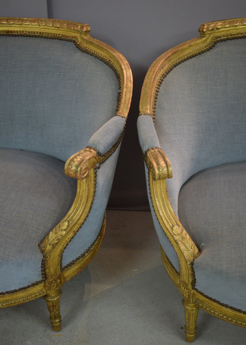 Pair Of Louis XVI Style Basket Sofas In Golden Wood-photo-3