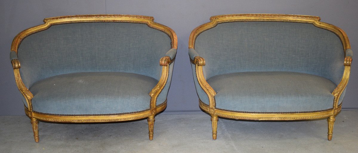 Pair Of Louis XVI Style Basket Sofas In Golden Wood-photo-4