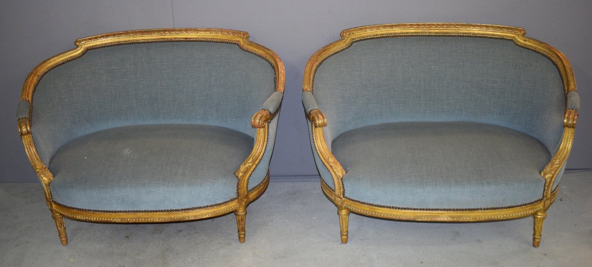 Pair Of Louis XVI Style Basket Sofas In Golden Wood-photo-5