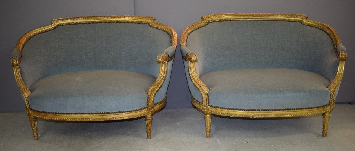 Pair Of Louis XVI Style Basket Sofas In Golden Wood
