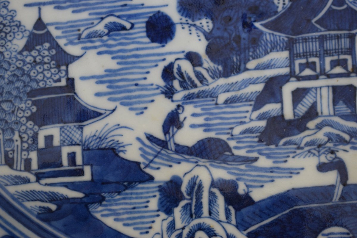 Grand Plat En Porcelaine Bleu Blanc De Forme Ovale Compagnie Des Indes Chine  XVIII Eme Siècle-photo-3