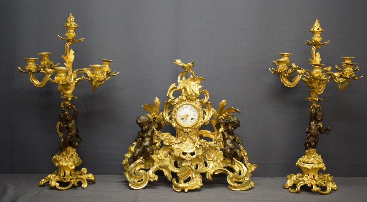 Importante Garniture De Cheminée En Bronze Doré A 2 Patines De Style Louis XV Rocaille-photo-3