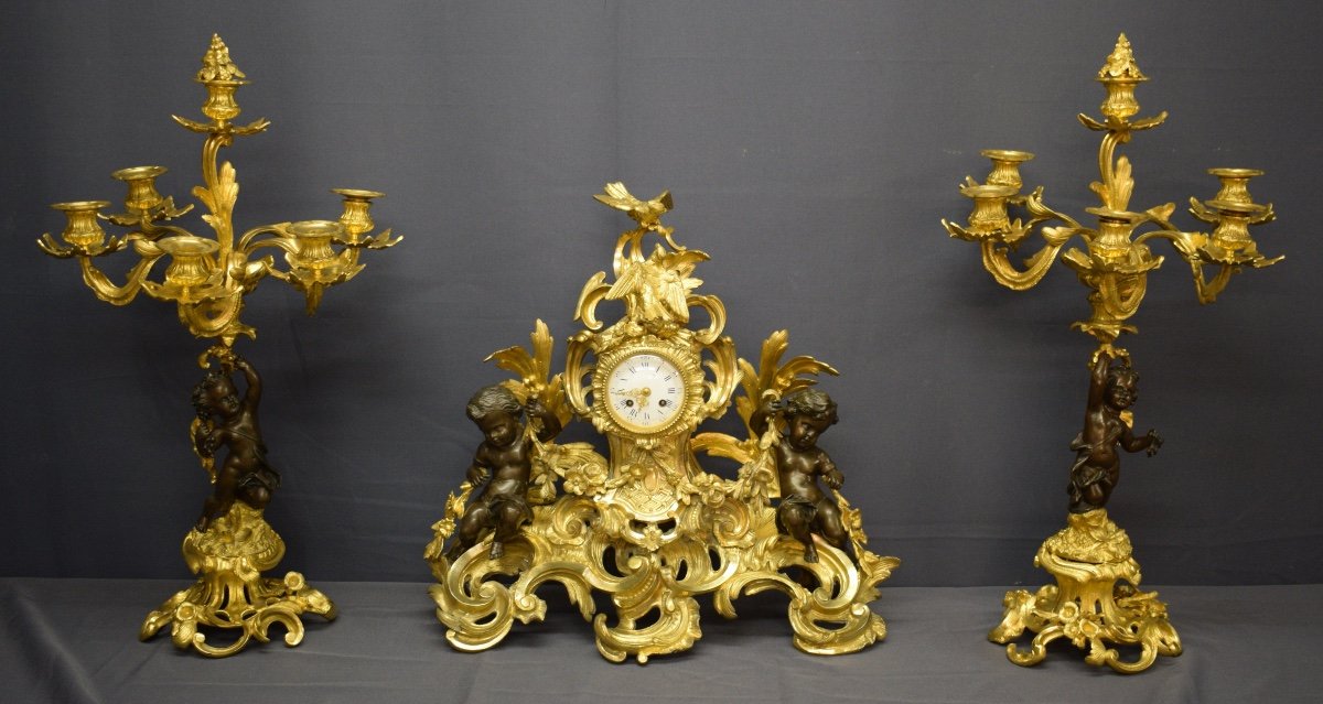 Importante Garniture De Cheminée En Bronze Doré A 2 Patines De Style Louis XV Rocaille-photo-2