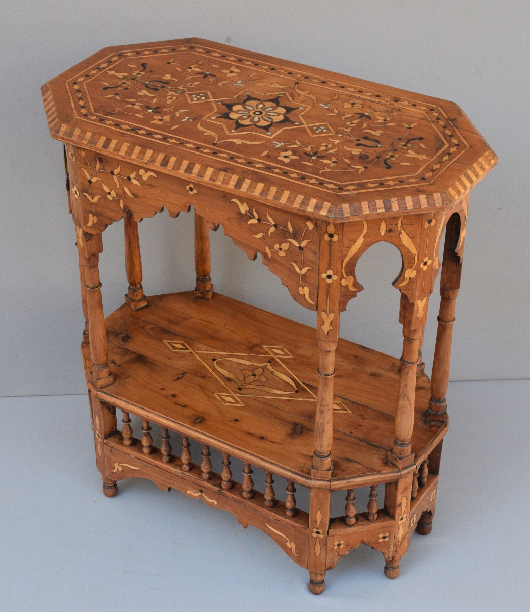 Oriental Pedestal Table With Hexagonal Shape In Wood Frame And Marquetry-photo-2