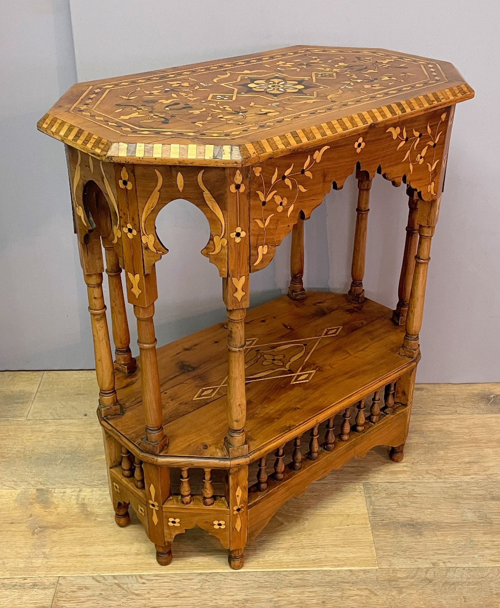 Oriental Pedestal Table With Hexagonal Shape In Wood Frame And Marquetry-photo-4