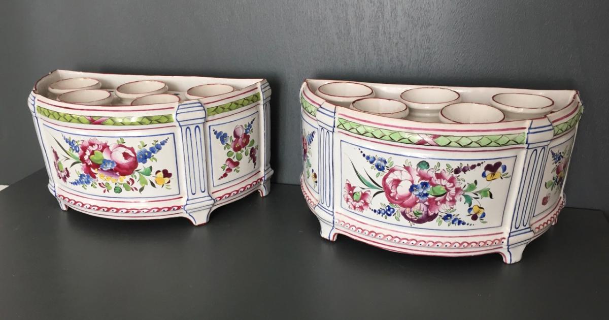 Pair Of Bouquetières In Earthenware From East-photo-2