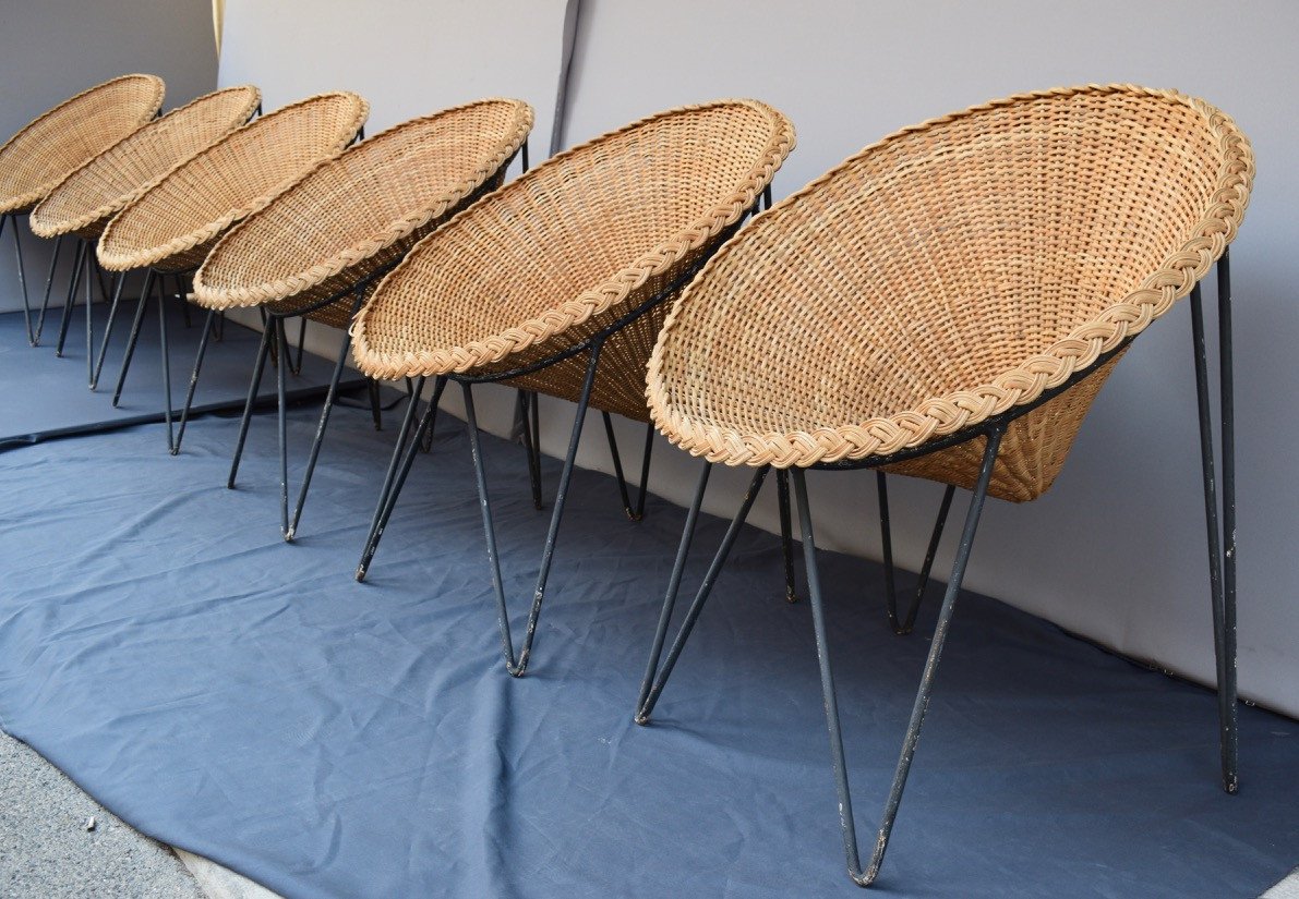 Ensemble De 6 Fauteuils Et Une Table En Osier Années 50-photo-6