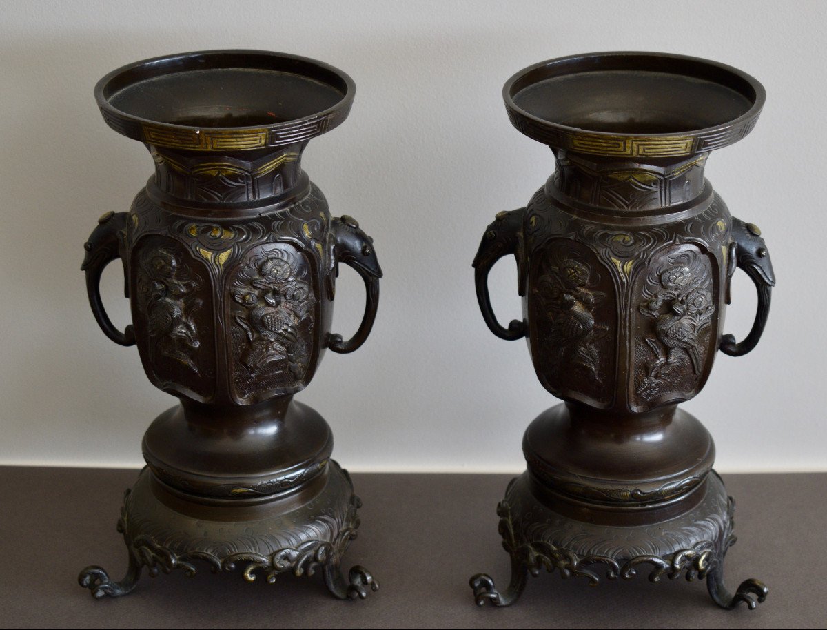 Japon Paire De Vases En Bronze Periode Meiji-photo-3