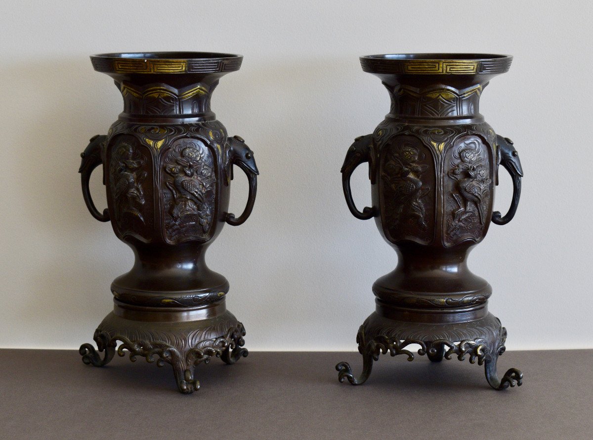 Japon Paire De Vases En Bronze Periode Meiji-photo-2